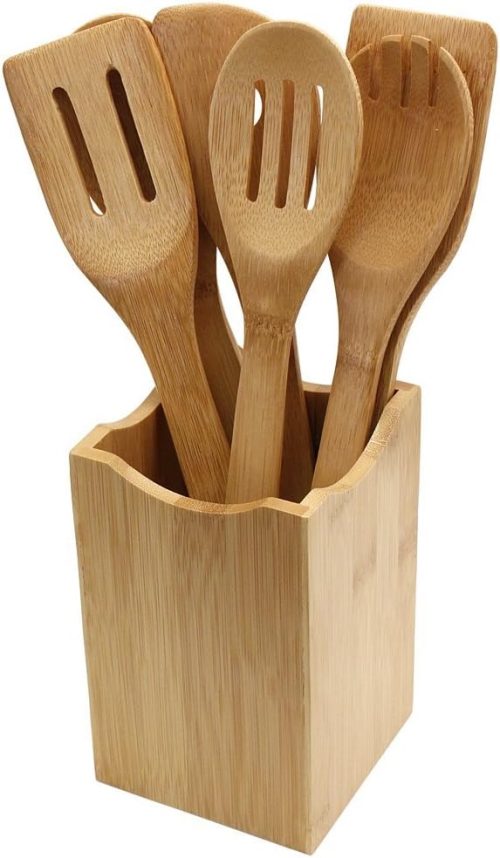Oliva Italiana 7 Pc. Bamboo Kitchen Utensil Set w Holder, Eco-Friendly, 100% Organic bamboo, Wooden utensils, with ergonomic handle. Spoons for Cooking, Spatula, Ladle, Turner & Pasta Server