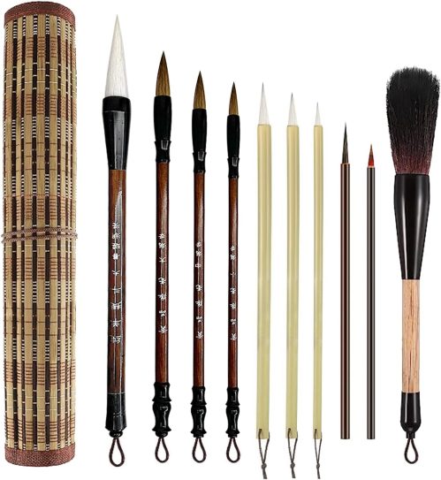 10-Piece Chinese Calligraphy Brush Set – Premium Writing Brushes with Roll-up Bamboo Brush Holder