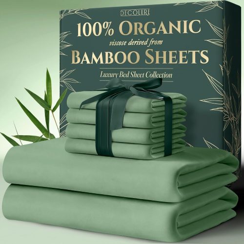 DECOLURE 100% Organic Viscose Derived from Bamboo Sheets Queen Size 6pcs – Ultra Soft & Luxuriously Cooling, 17″ Deep Pocket, Double Stitching, Perfect for Hot Sleepers – Queen Bed Sheets (Sage Green)